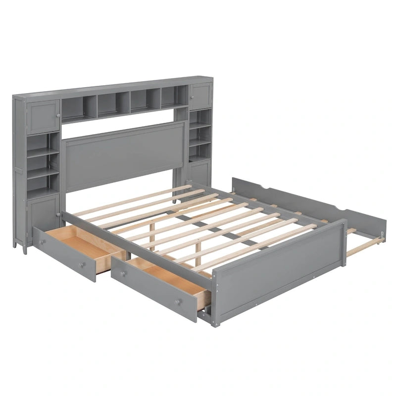 Queen Size Wooden Bed With All-in-One Cabinet, Shelf and Sockets, Espresso