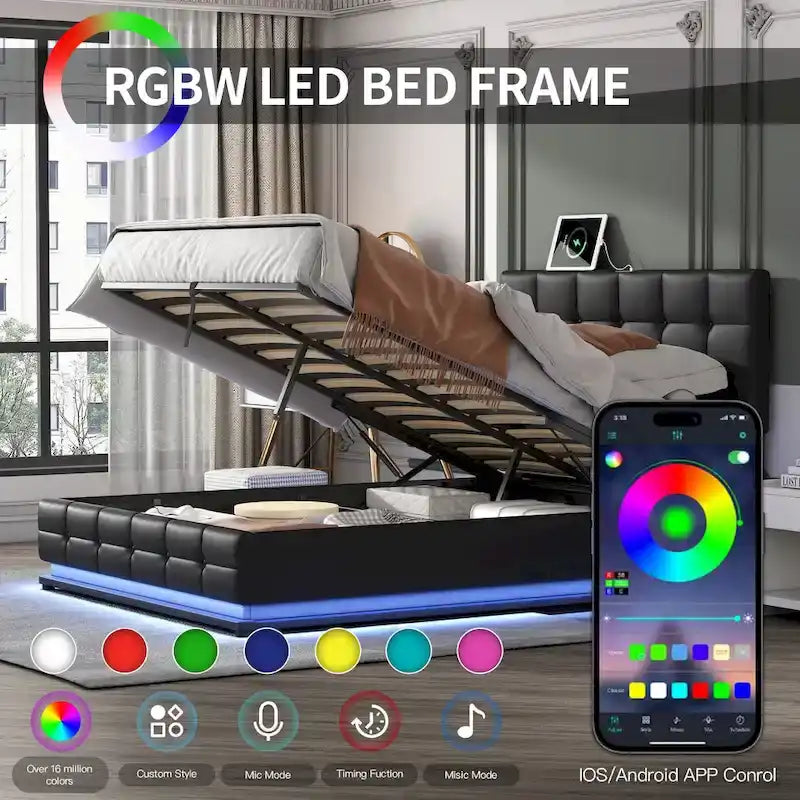 Letto a piattaforma imbottito trapuntato con sistema di stoccaggio idraulico, letto contenitore in PU Queen Size con luci a LED e caricatore USB, nero