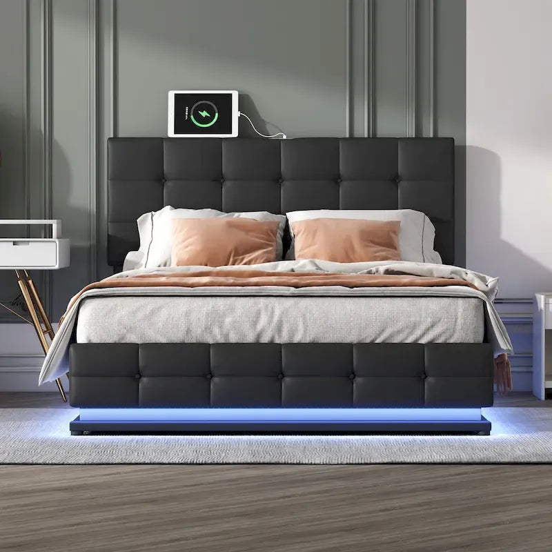 Letto a piattaforma imbottito trapuntato con sistema di stoccaggio idraulico, letto contenitore in PU Queen Size con luci a LED e caricatore USB, nero