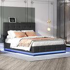 Letto a piattaforma imbottito trapuntato con sistema di stoccaggio idraulico, letto contenitore in PU Queen Size con luci a LED e caricatore USB, nero