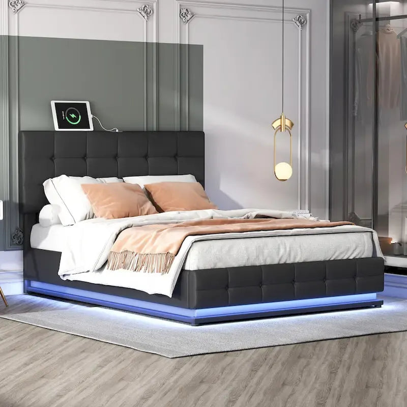 Letto a piattaforma imbottito trapuntato con sistema di stoccaggio idraulico, letto contenitore in PU Queen Size con luci a LED e caricatore USB, nero