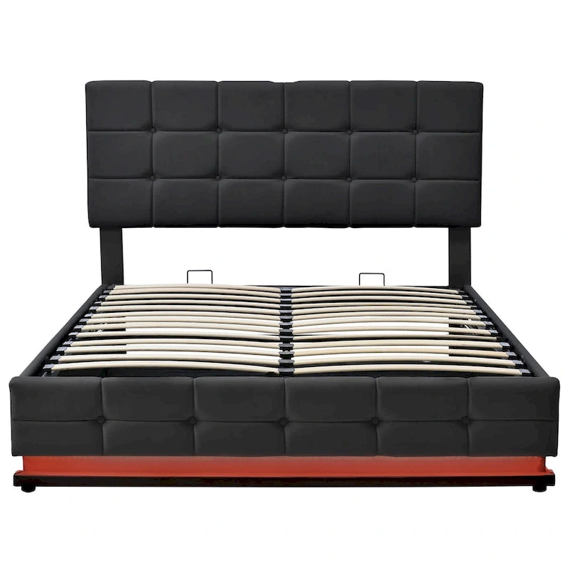 Letto a piattaforma imbottito trapuntato con sistema di stoccaggio idraulico, letto contenitore in PU Queen Size con luci a LED e caricatore USB, nero