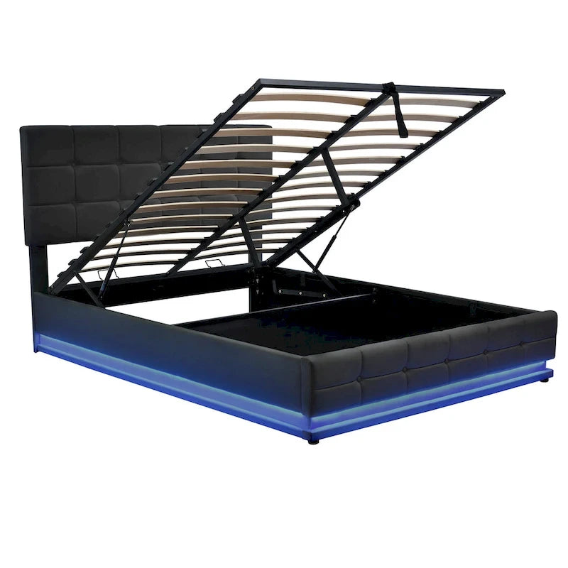 Letto a piattaforma imbottito trapuntato con sistema di stoccaggio idraulico, letto contenitore in PU Queen Size con luci a LED e caricatore USB, nero