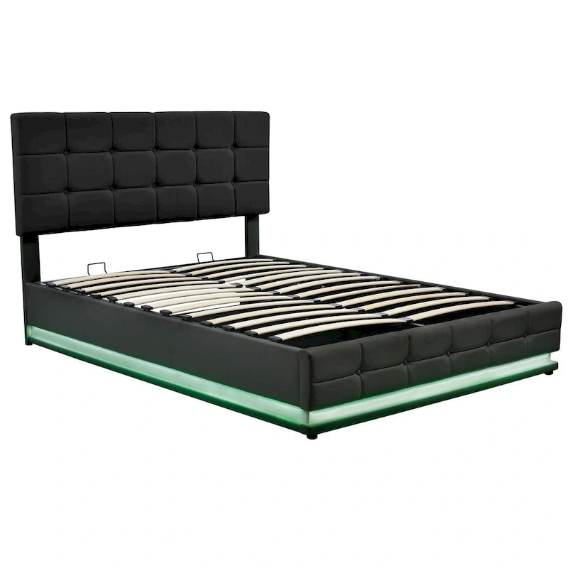 Letto a piattaforma imbottito trapuntato con sistema di stoccaggio idraulico, letto contenitore in PU Queen Size con luci a LED e caricatore USB, nero