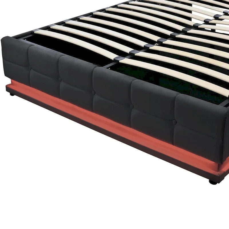 Letto a piattaforma imbottito trapuntato con sistema di stoccaggio idraulico, letto contenitore in PU Queen Size con luci a LED e caricatore USB, nero