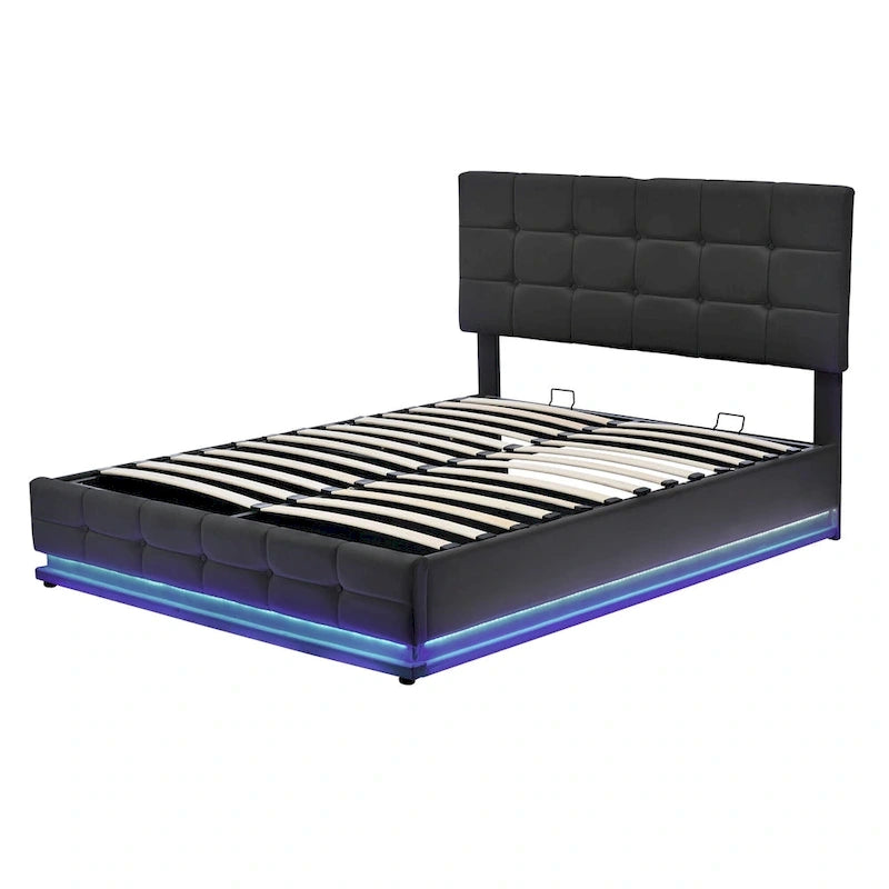 Letto a piattaforma imbottito trapuntato con sistema di stoccaggio idraulico, letto contenitore in PU Queen Size con luci a LED e caricatore USB, nero