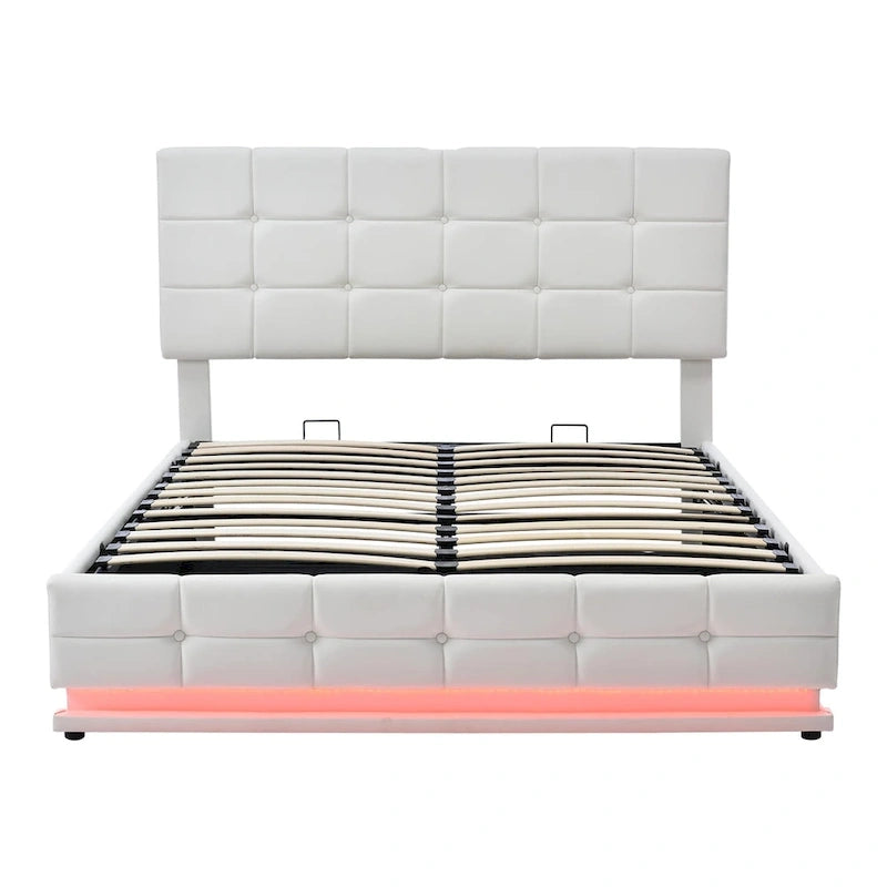 Letto a piattaforma imbottito trapuntato con sistema di stoccaggio idraulico, letto contenitore in PU Queen Size con luci a LED e caricatore USB, nero
