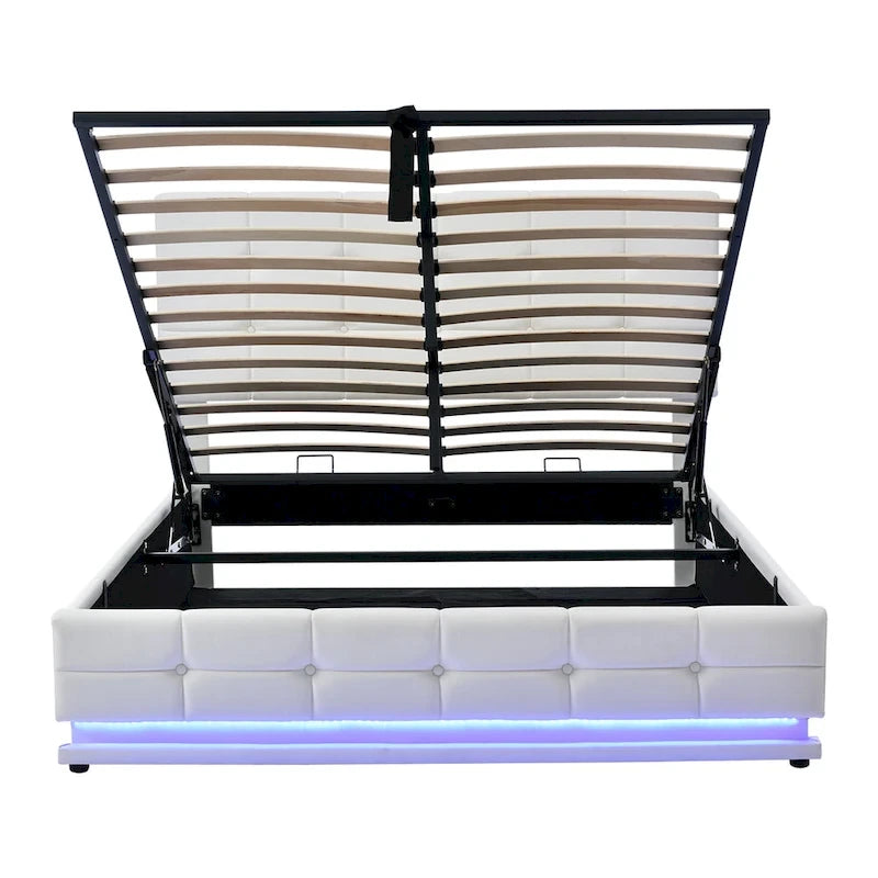 Letto a piattaforma imbottito trapuntato con sistema di stoccaggio idraulico, letto contenitore in PU Queen Size con luci a LED e caricatore USB, nero