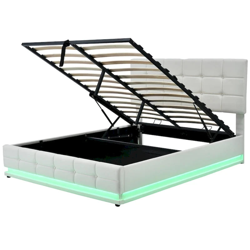 Letto a piattaforma imbottito trapuntato con sistema di stoccaggio idraulico, letto contenitore in PU Queen Size con luci a LED e caricatore USB, nero