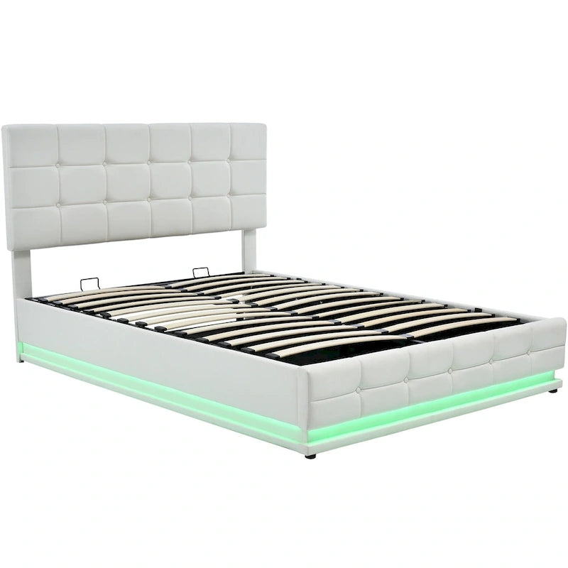 Letto a piattaforma imbottito trapuntato con sistema di stoccaggio idraulico, letto contenitore in PU Queen Size con luci a LED e caricatore USB, nero
