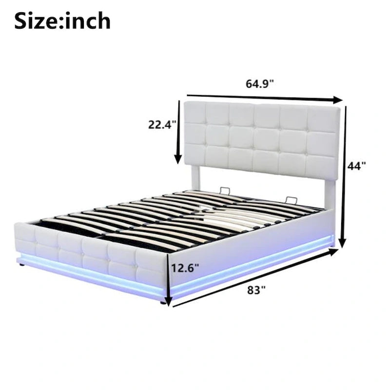 Letto a piattaforma imbottito trapuntato con sistema di stoccaggio idraulico, letto contenitore in PU Queen Size con luci a LED e caricatore USB, nero