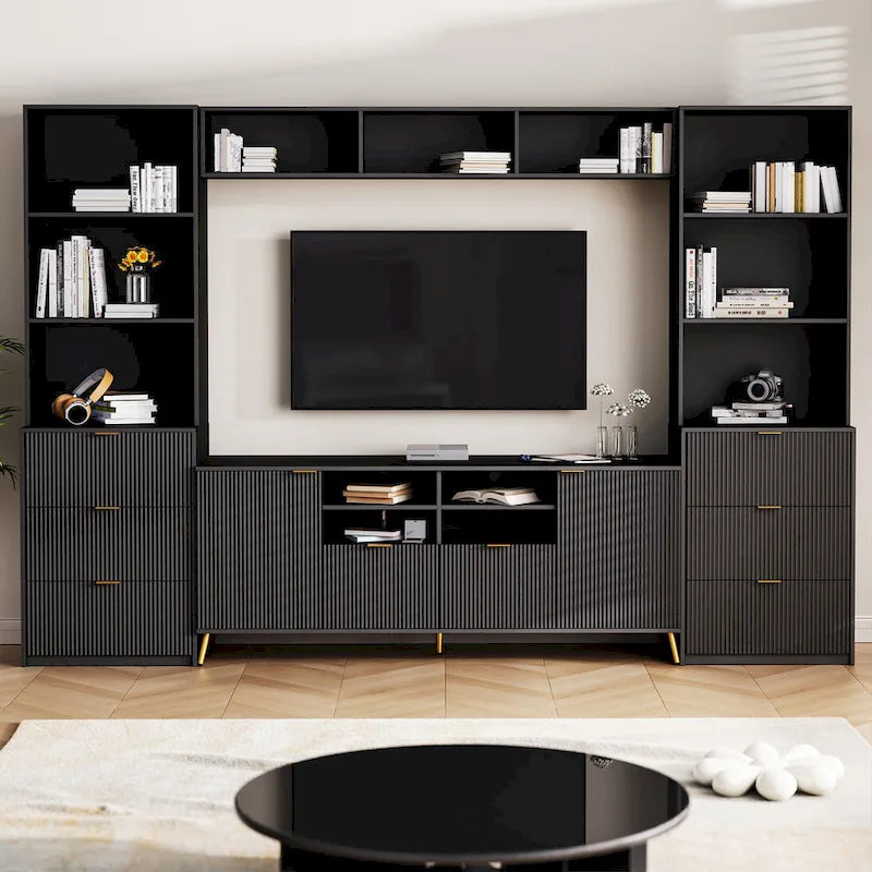 U-Can 4-Piece Entertainment Wall Unit with 13 shelves,8 Drawers and 2 Cabinets, Multifunctional TV Stand Media Storage Cabinet w