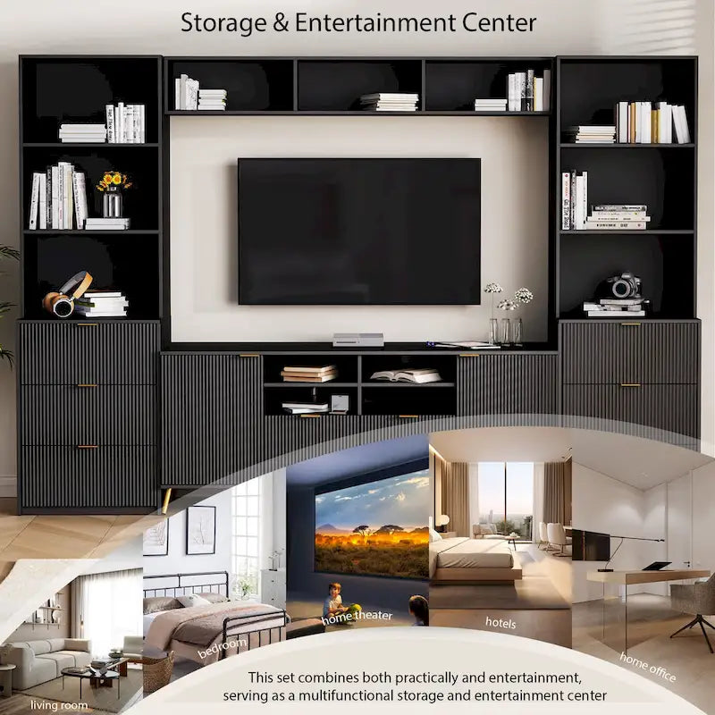 U-Can 4-Piece Entertainment Wall Unit with 13 shelves,8 Drawers and 2 Cabinets, Multifunctional TV Stand Media Storage Cabinet w