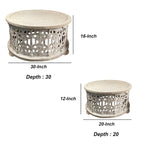 30 Inch Round 2 Piece Wood Coffee Table Set, Carved Floral Design, Antique White