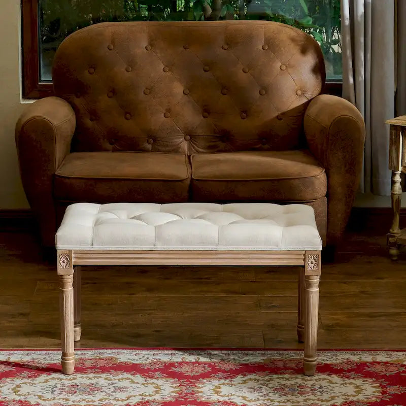 Panca imbottita CO-Z in stile vintage francese con struttura intagliata in legno massiccio