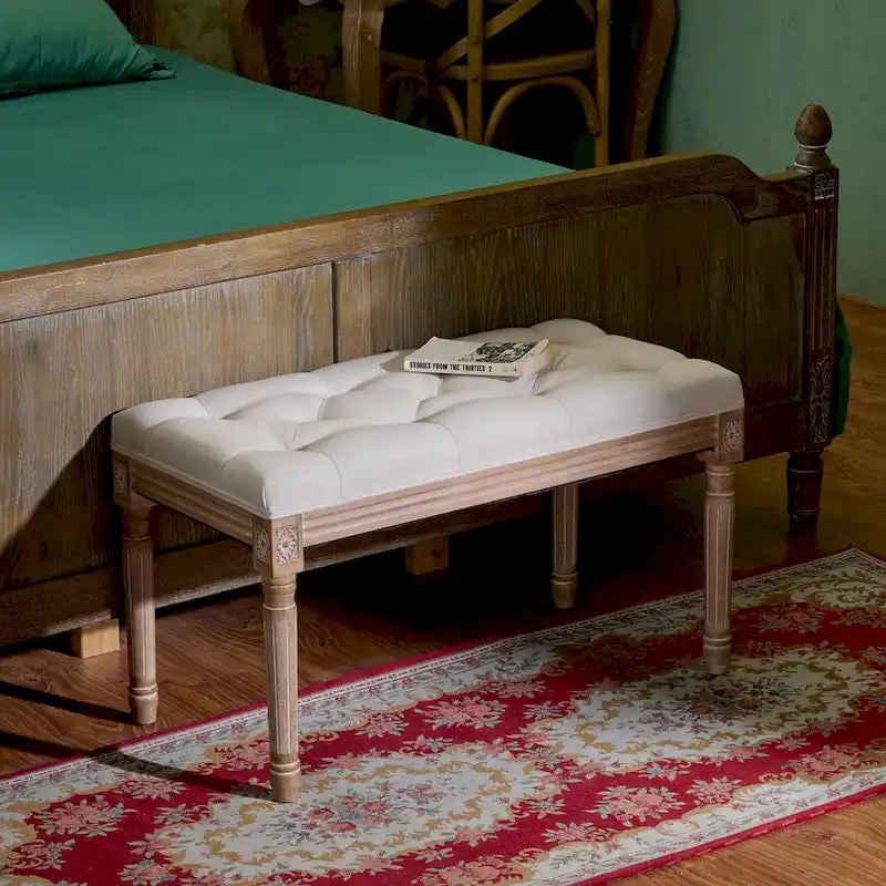 CO-Z French Vintage Upholstered Bench with Carved Solid Wood Frame