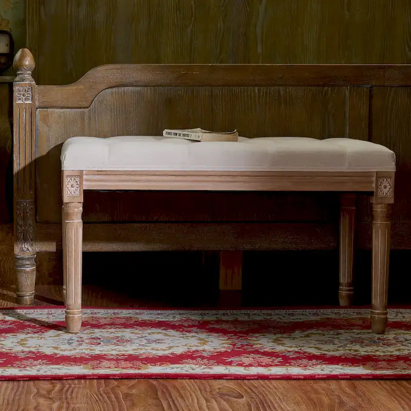 Panca imbottita CO-Z in stile vintage francese con struttura intagliata in legno massiccio