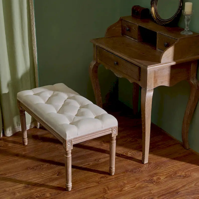 Panca imbottita CO-Z in stile vintage francese con struttura intagliata in legno massiccio