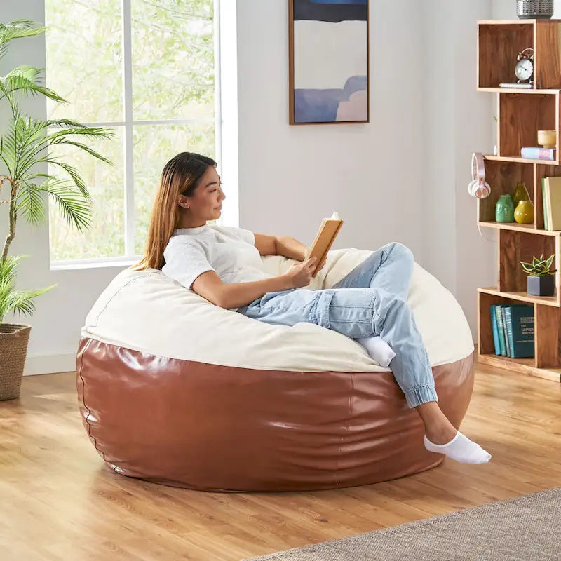 Ohnstad Modern 5 Foot Two Toned Fabric and Faux Leather Bean Bag by Christopher Knight Home