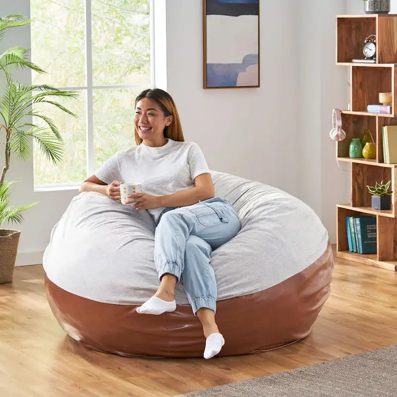 Ohnstad Modern 5 Foot Two Toned Fabric and Faux Leather Bean Bag by Christopher Knight Home
