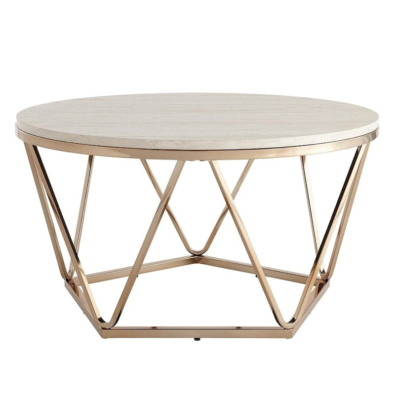 Tavolino da caffè rotondo moderno SEI Furniture Henderson con piano effetto marmo e base geometrica dorata