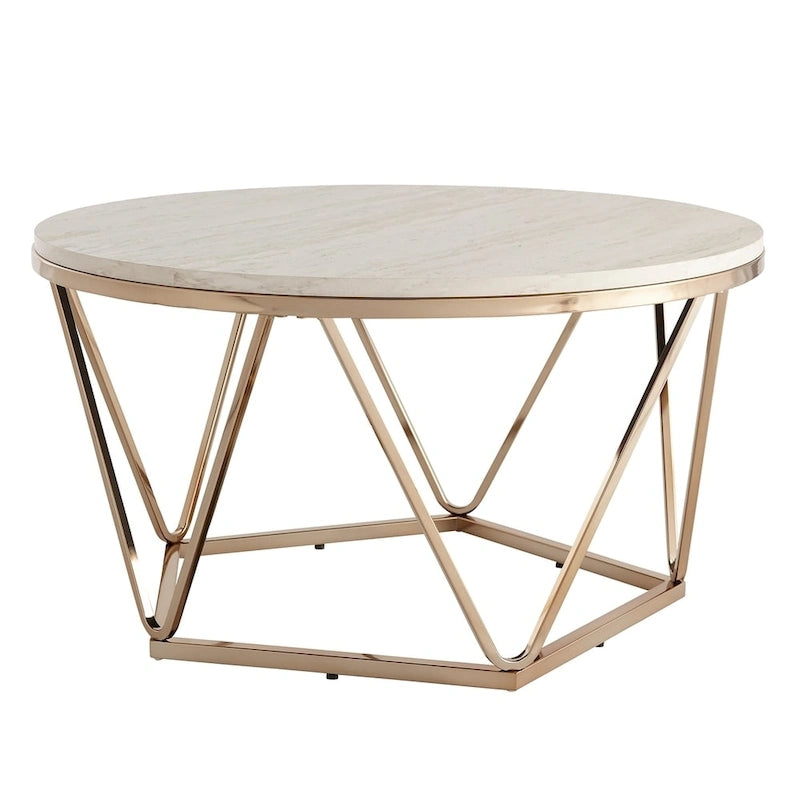 Tavolino da caffè rotondo moderno SEI Furniture Henderson con piano effetto marmo e base geometrica dorata