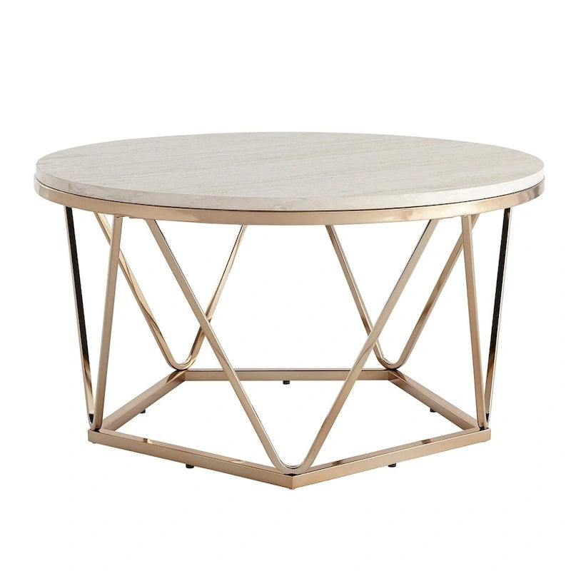 Tavolino da caffè rotondo moderno SEI Furniture Henderson con piano effetto marmo e base geometrica dorata