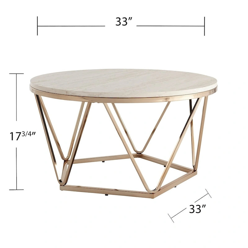 Tavolino da caffè rotondo moderno SEI Furniture Henderson con piano effetto marmo e base geometrica dorata
