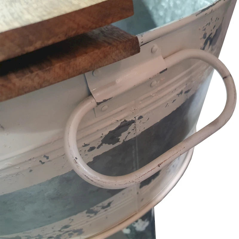 26 inch Accent Round Cocktail Table, Tub Like Iron Base, Brown, Gray, Washed White