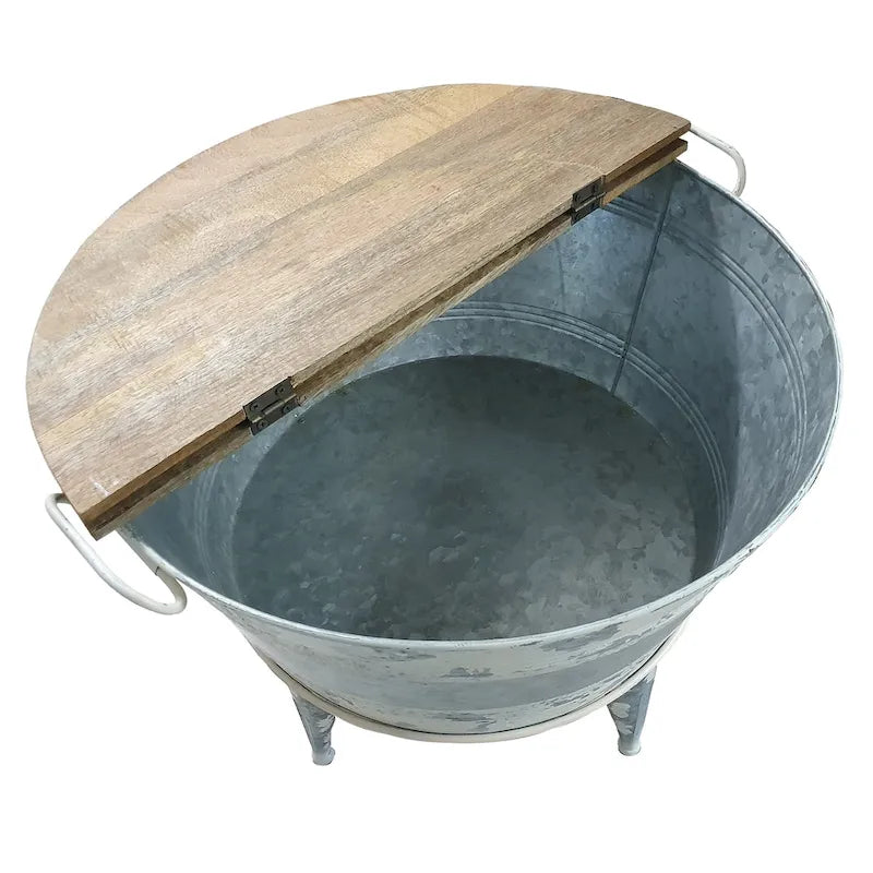 26 inch Accent Round Cocktail Table, Tub Like Iron Base, Brown, Gray, Washed White