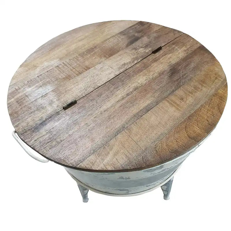 26 inch Accent Round Cocktail Table, Tub Like Iron Base, Brown, Gray, Washed White