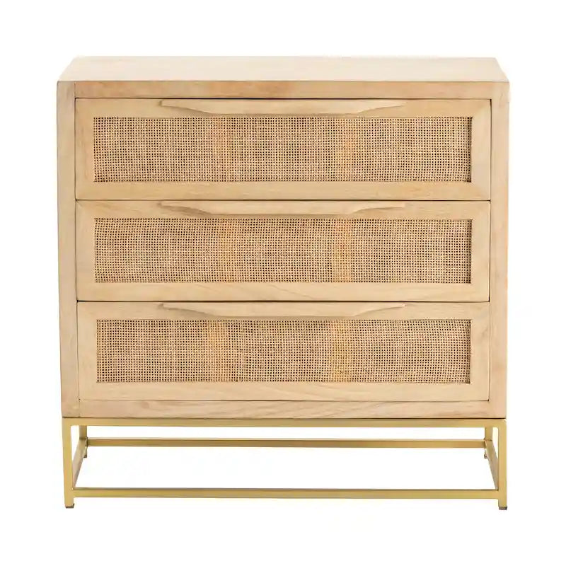 Natural Cane 3-Drawer Chest - Brown Wood with Gold Base