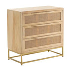 Natural Cane 3-Drawer Chest - Brown Wood with Gold Base