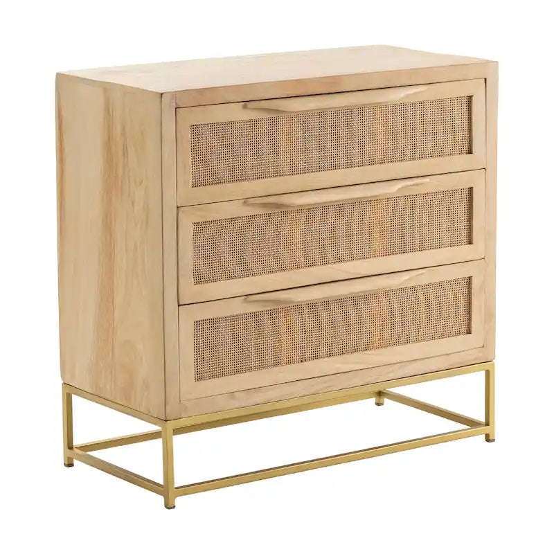 Natural Cane 3-Drawer Chest - Brown Wood with Gold Base