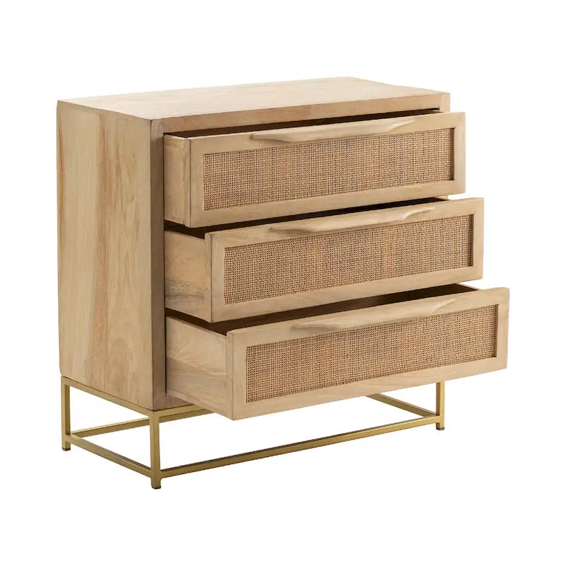 Natural Cane 3-Drawer Chest - Brown Wood with Gold Base