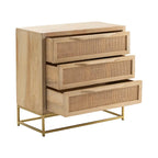 Natural Cane 3-Drawer Chest - Brown Wood with Gold Base