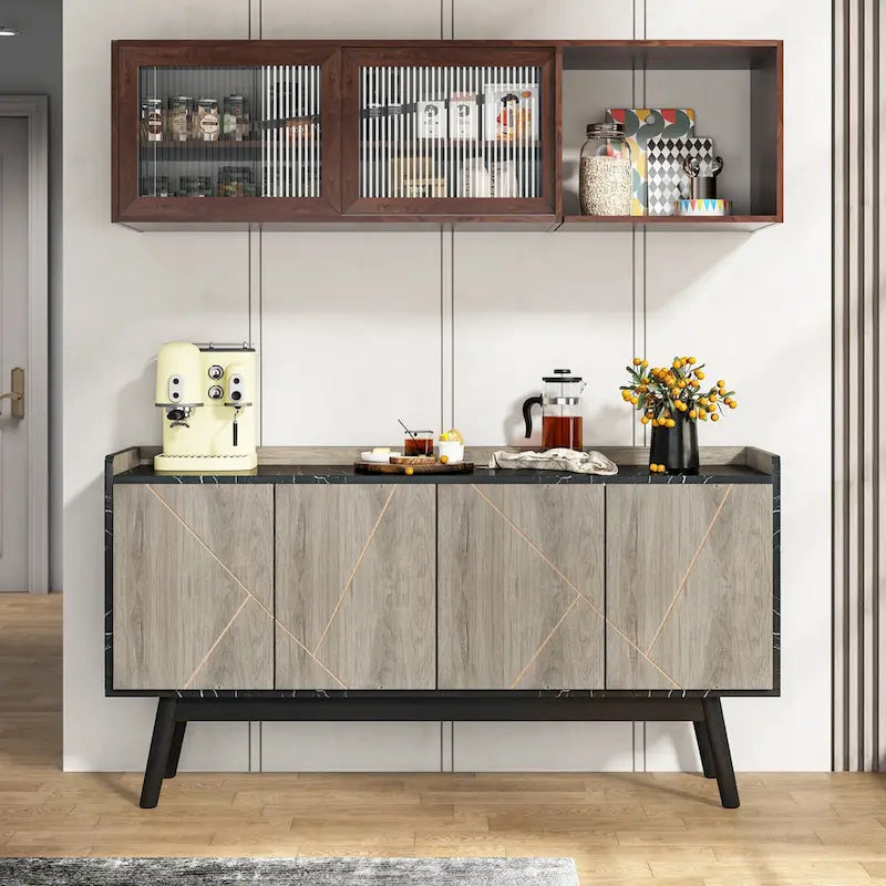 Wooden 4-door Buffet Sideboard with Storage for Kitchen Dining Room - N/A