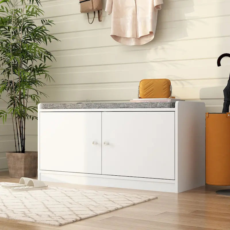 Panca scarpiera con cuscino, mobiletto con ante per ingresso