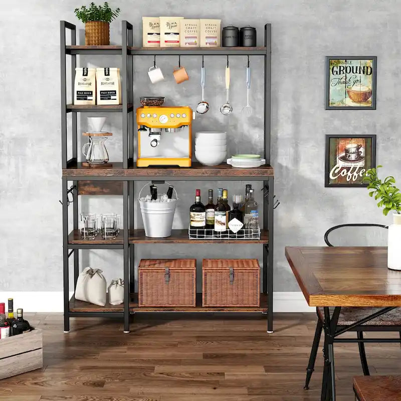 43 inch Kitchen Bakers Rack with Microwave Stand 5-Tier Kitchen Utility Storage Shelf Rack and10 Hooks for Kitchen Living Room
