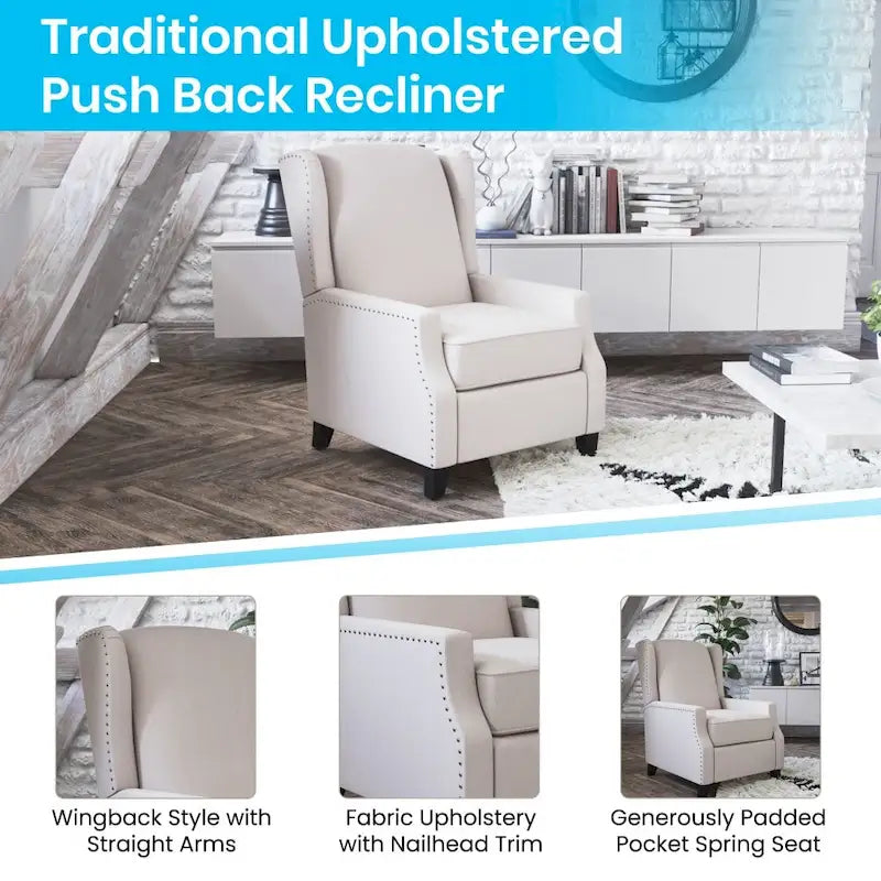 Poltrona reclinabile a molla con tasca laterale e finitura con borchie decorative