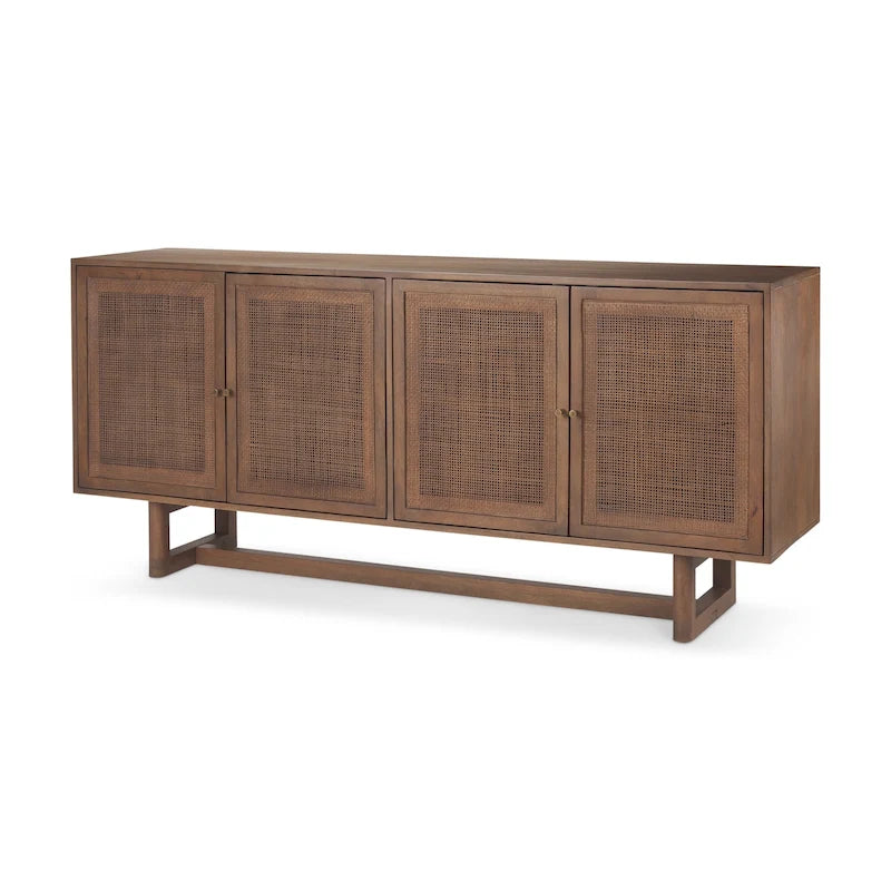 Credenza Grier in legno massello marrone chiaro con inserti in canna - 72,0L x 18,0P x 31,0A