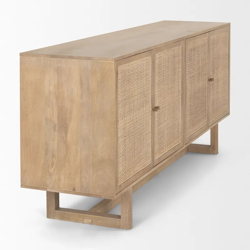 Grier Light Brown Solid Wood with Cane 4 Door Sideboard - 72.0L x 18.0W x 31.0H