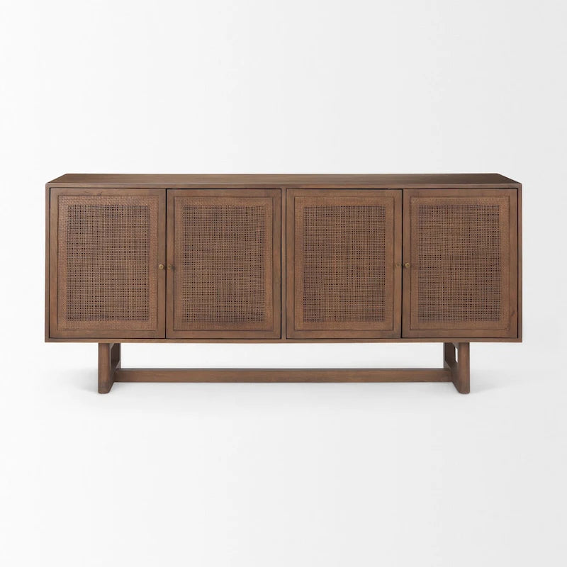 Grier Light Brown Solid Wood with Cane 4 Door Sideboard - 72.0L x 18.0W x 31.0H