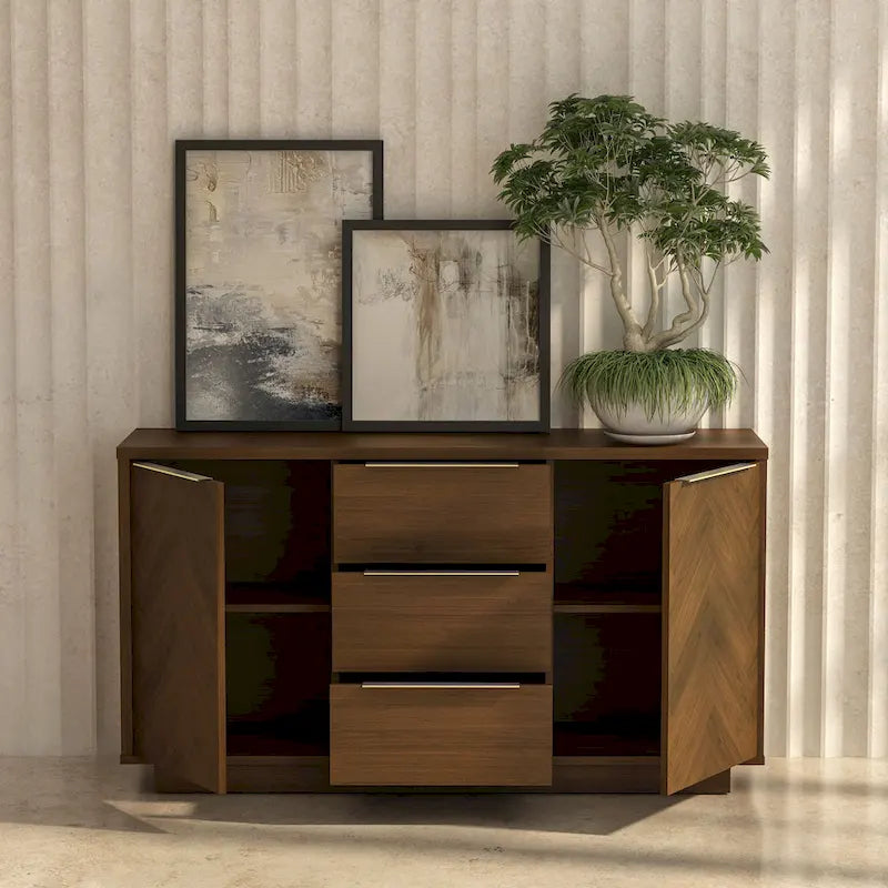 Dark Brown Herringbone Sideboard with Soft-Close Doors