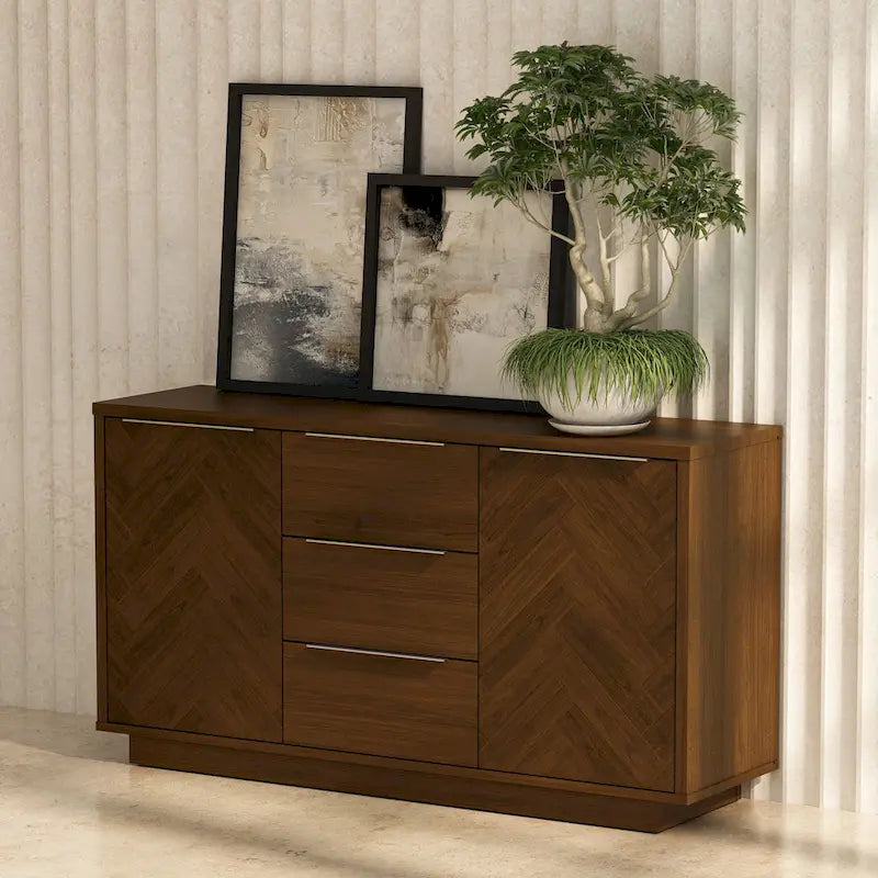 Dark Brown Herringbone Sideboard with Soft-Close Doors