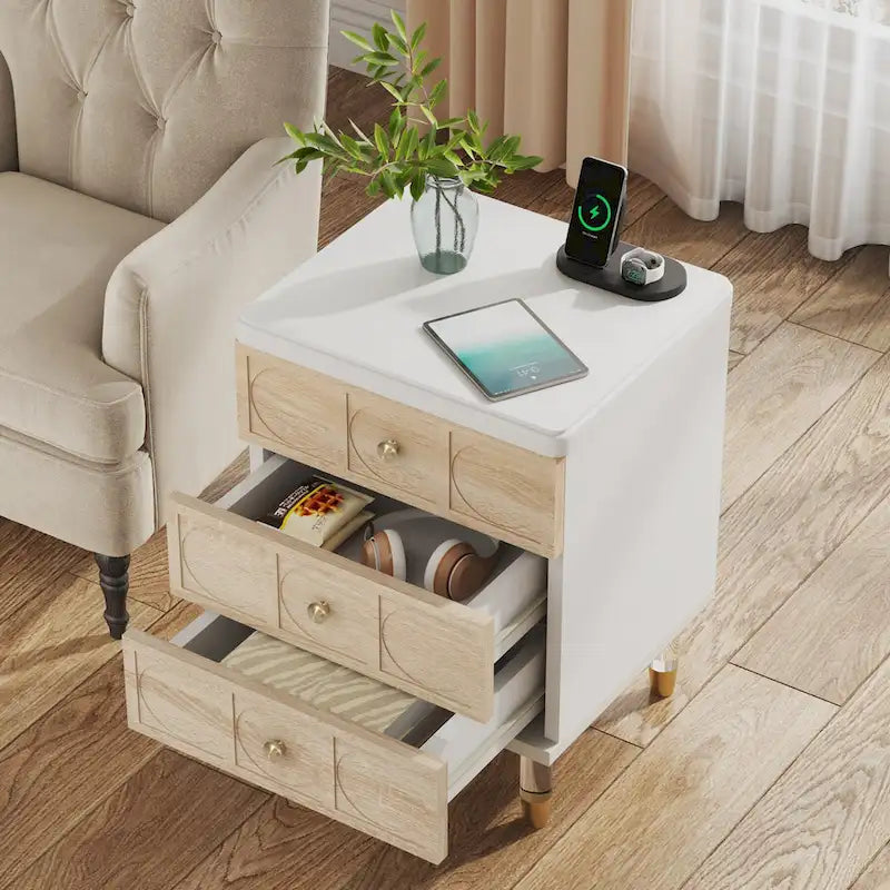 White Gold Nightstand Bedside Table with 3 Drawers