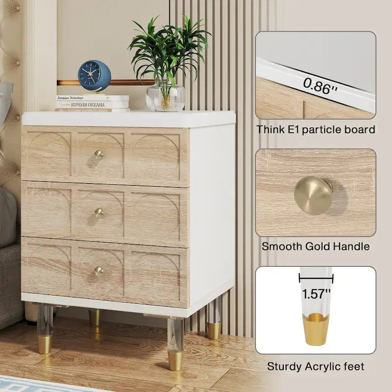 White Gold Nightstand Bedside Table with 3 Drawers