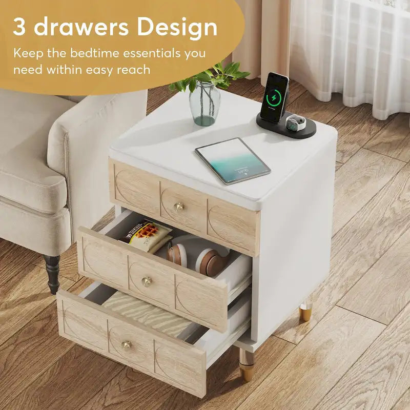 White Gold Nightstand Bedside Table with 3 Drawers