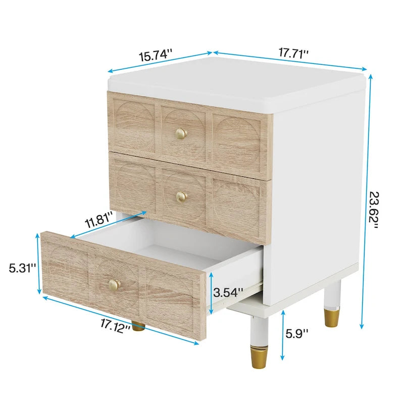 White Gold Nightstand Bedside Table with 3 Drawers