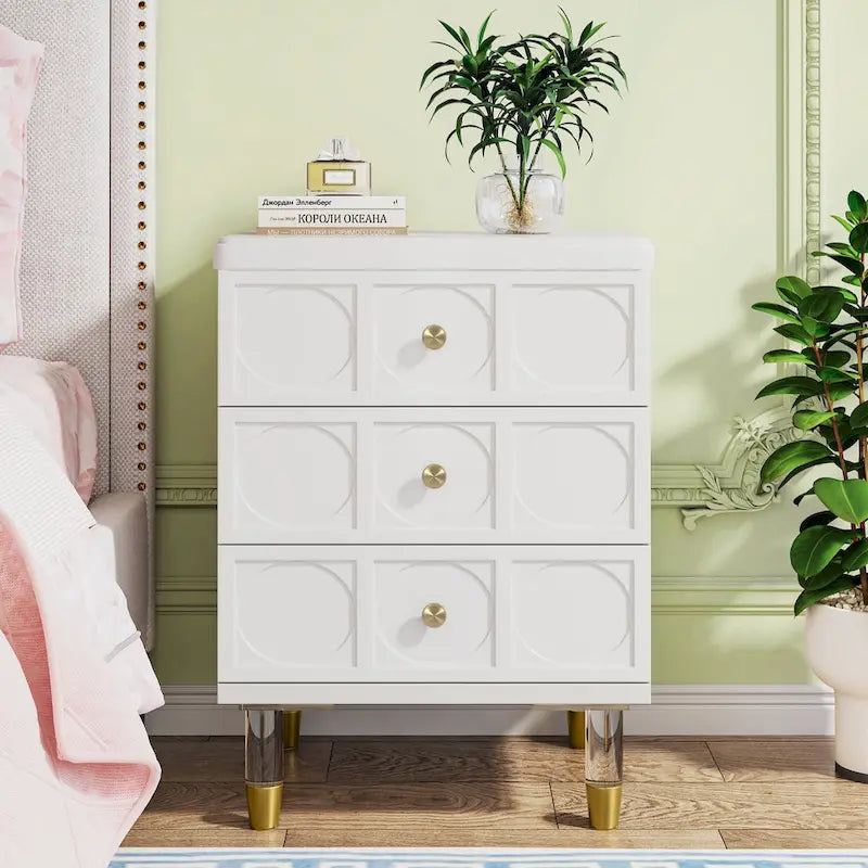 White Gold Nightstand Bedside Table with 3 Drawers